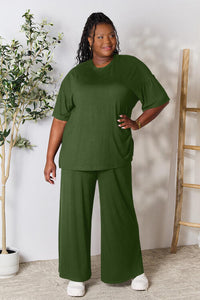 Double Take Full Size Round Neck Slit Top and Pants Set Loungewear T shirt and bottoms included