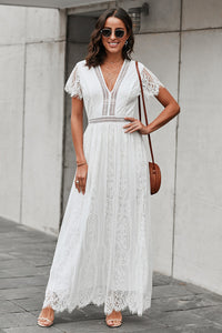 Casual Long Dress Women’s Fashion Scalloped Trim Lace Short Sleeve Plunge Maxi Dress