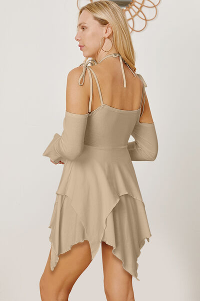 Tie Shoulder Layered Mini Cami Flare Long Sleeve Mini Dress