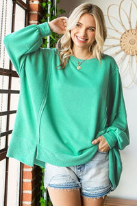 KESLEY Baggy Sweater  Exposed Seam Round Neck Dropped Shoulder Loose Fit Blouse