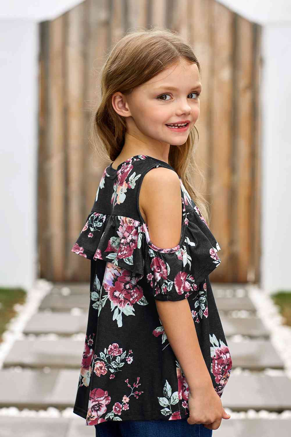 Girls Floral Cold-Shoulder Ruffled Top Kid's Fashion