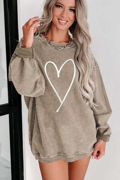 Casual Sweatshirt Heart Print Round Neck Dropped Shoulder  Womens Sweaters Long Sleeve Shirts and Tops