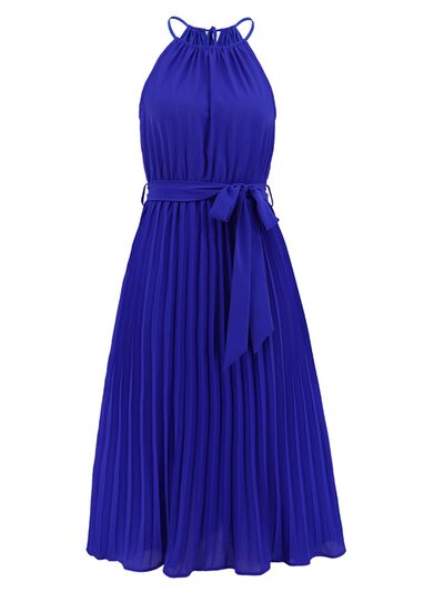 Pleated Spaghetti Strap Tie Waist Midi Dress New womens fashion Party dresses