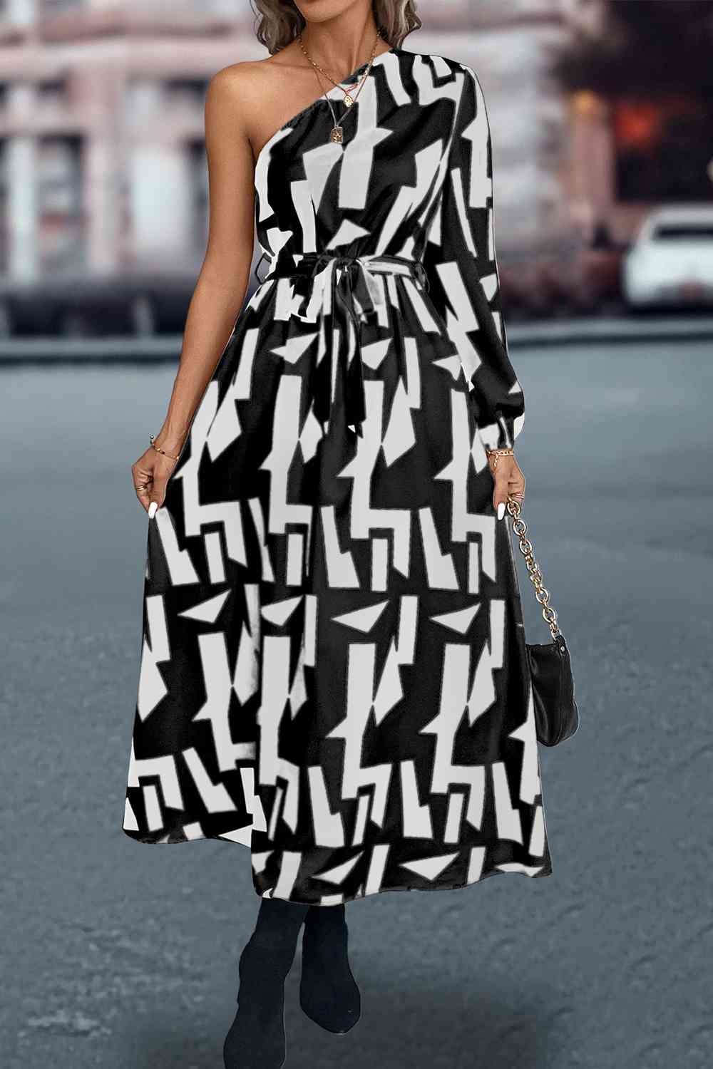 White and Black Printed One-Shoulder Tie Waist Long Dress