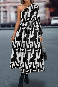 White and Black Printed One-Shoulder Tie Waist Long Dress