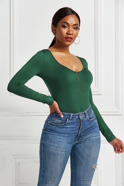 Half Zip Scoop Neck Long Sleeve Top Womens Shirt Bodysuit