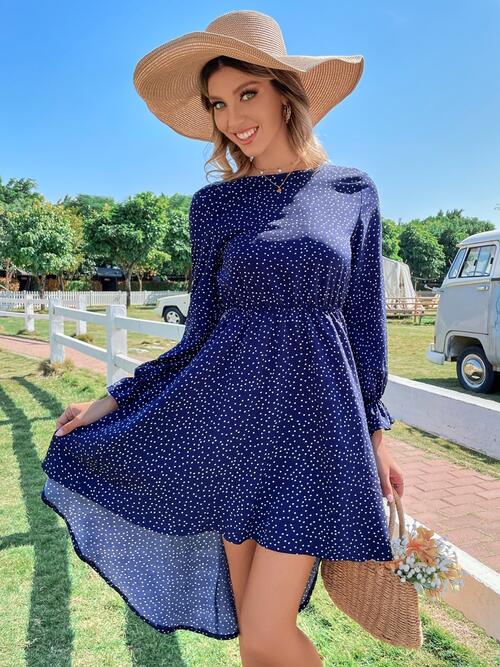 Printed Round Neck Long Sleeve Dress