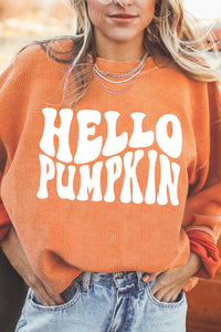 Women’s Fashion Sweater Round Neck Dropped Shoulder HELLO PUMPKIN Graphic Sweatshirt