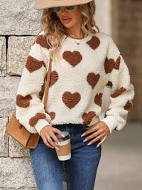 Fuzzy Heart Print Fashion Sweater Dropped Shoulder Sweatshirt