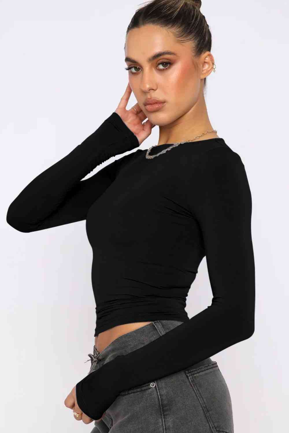 Round Neck Tight Bodycon Long-Sleeve Top