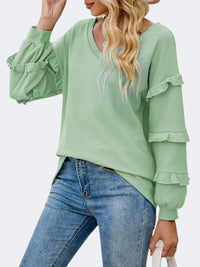 Women's Cotton Ruffled V-Neck Long Sleeve T-Shirt