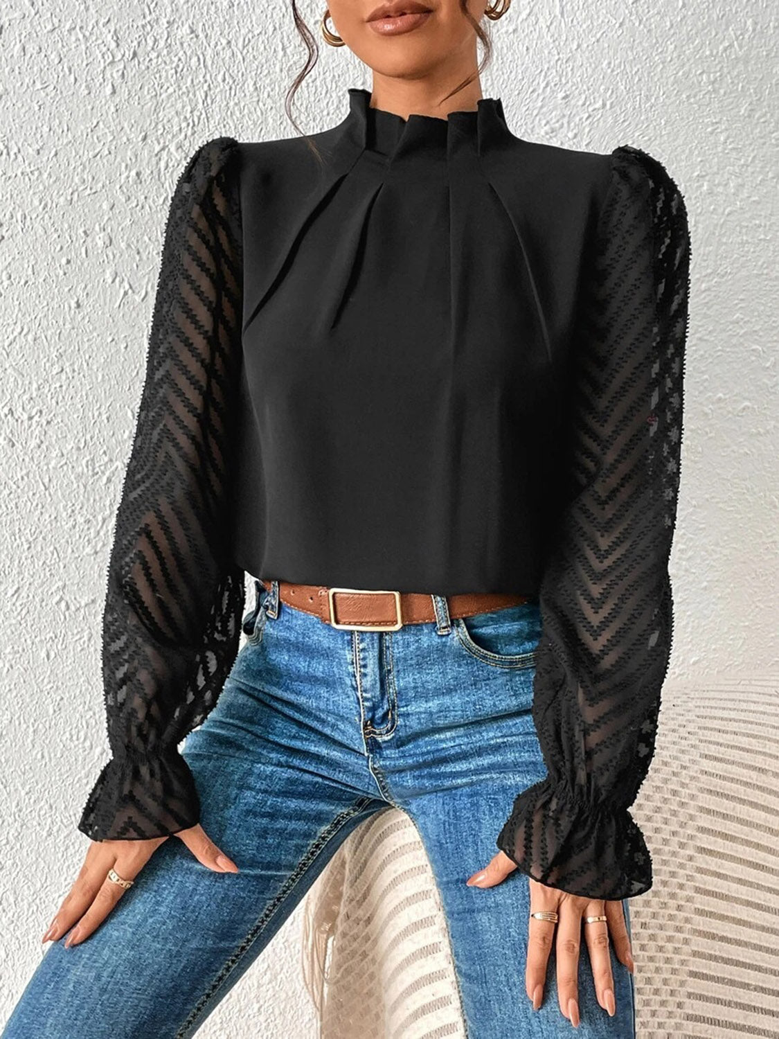 Mock Neck Flounce Fashionable Sheer Sleeve Blouse