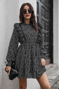 Printed Ruffle Trim Smocked Casual Long Sleeve Mini Dress