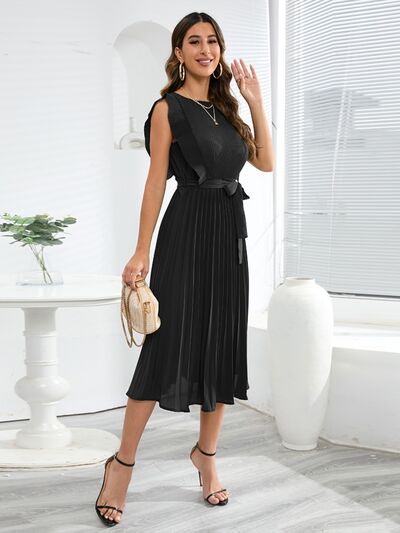 Round Neck Tie -Waist Pleated Short Sleeve Midi Dress Womens Fashion