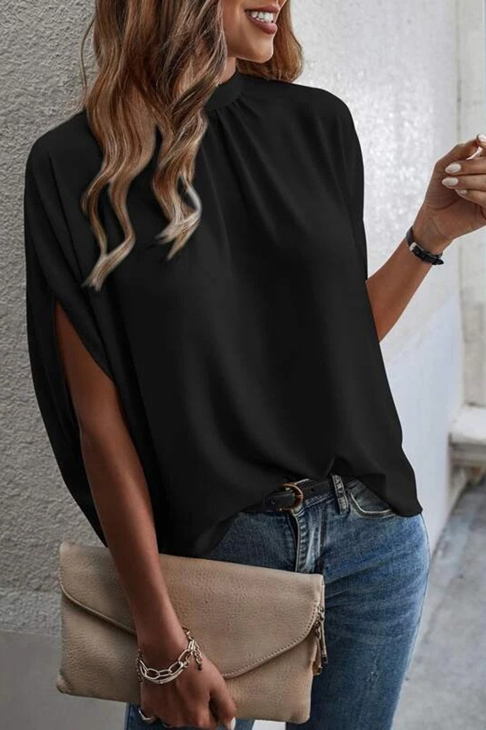 Tie Back Slit Half Sleeve Blouse Women's Solid Color Loose Fit Top