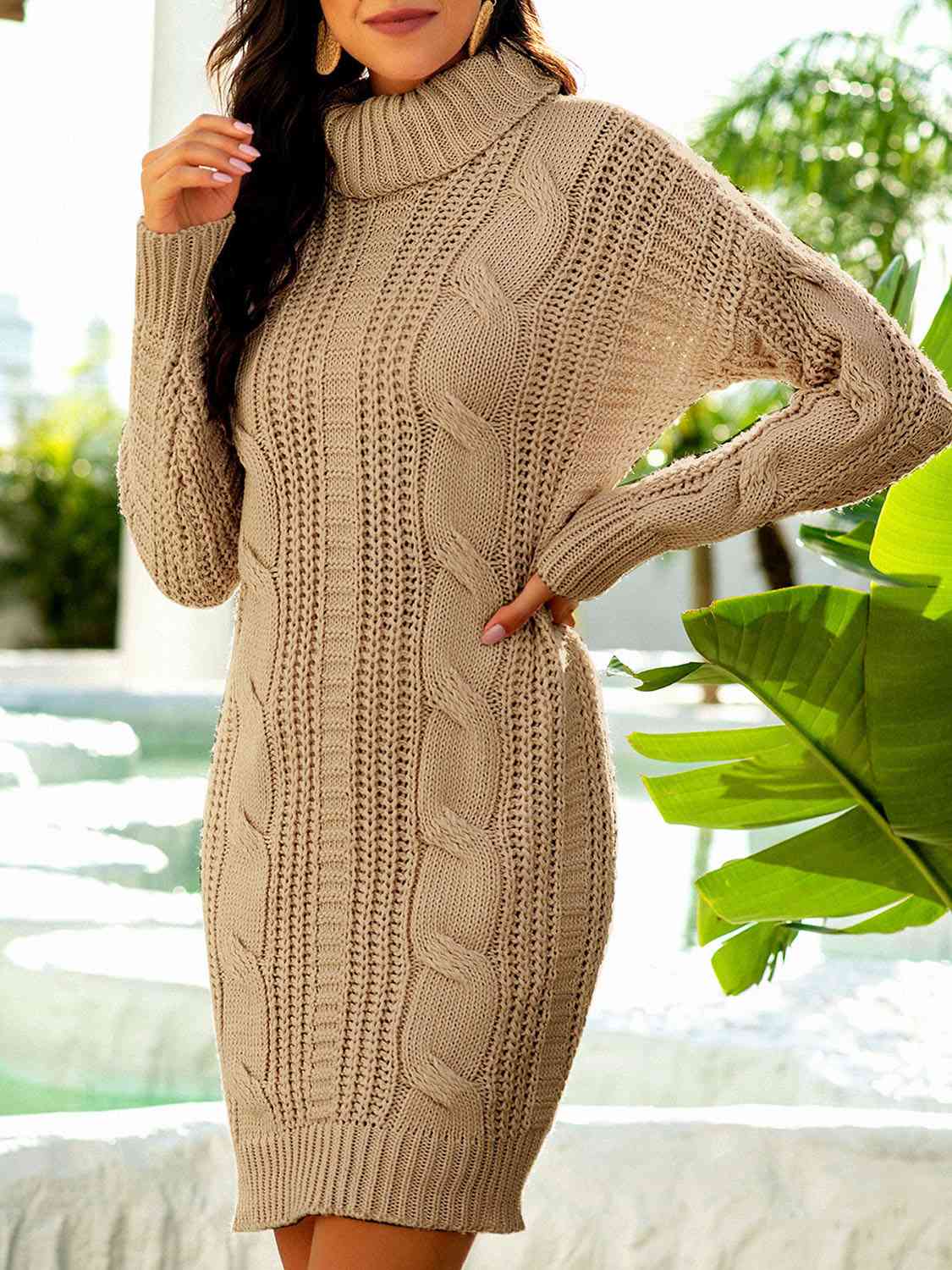 sweater dress, tan sweater dress, turtle neck sweater dress, womens clothing