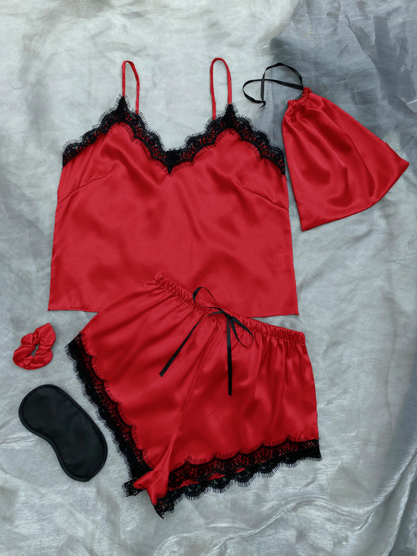 100% Satin Pajamas Lace Trim Cami Shorts Eye Mask Scrunchie and Bag Pajama Set Luxury Loungewear