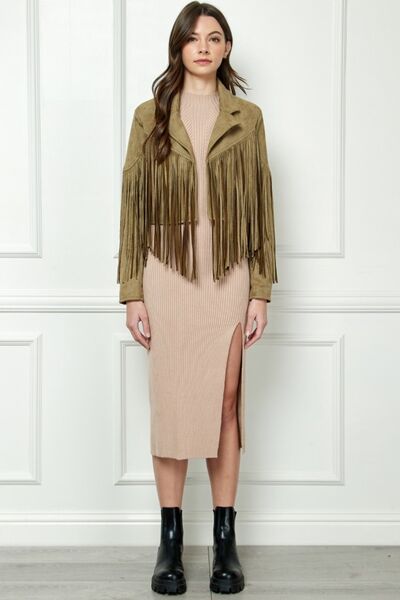 KESLEY Suede Fringe Long Sleeve Moto Jacket