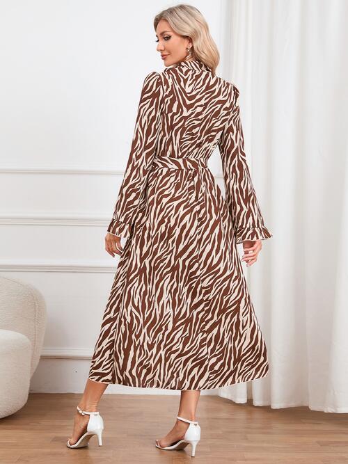 Animal Print Tie Front Ruffle Trim Long Sleeve Casual Maxi Midi Dress