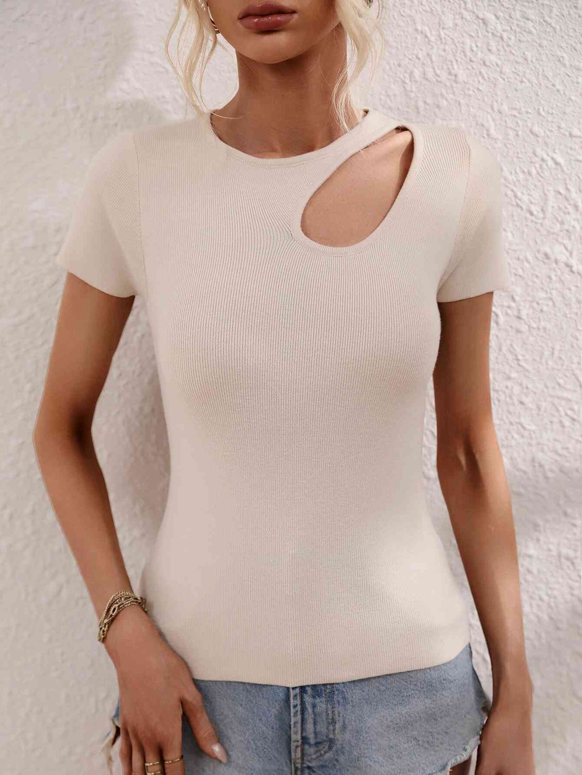 Womens Casual Shirt Cutout Round Neck Short Sleeve Knit Top