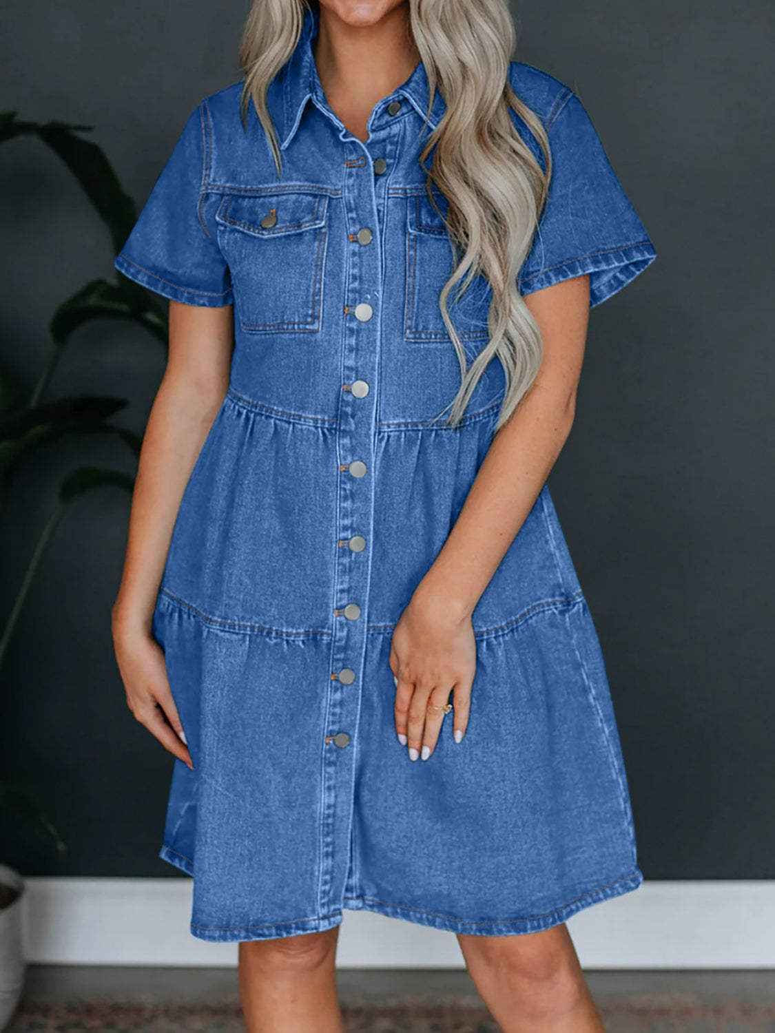 Button Up Short Sleeve Denim Dress