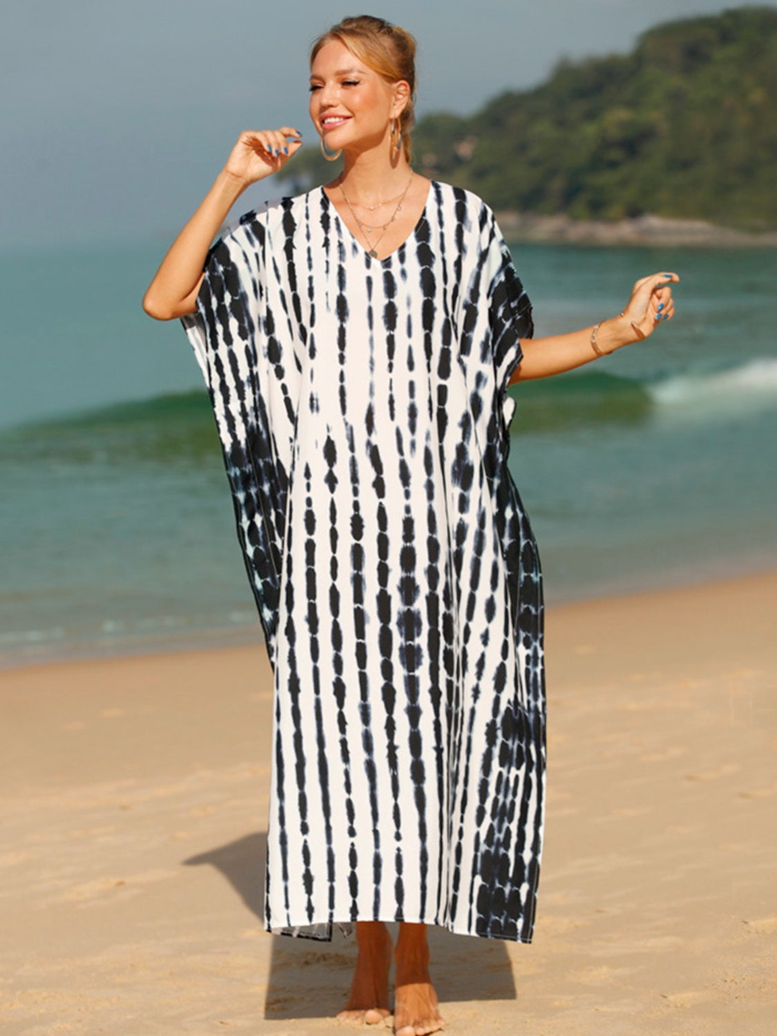 Swimsuit  Cover-Up  Dress Oversized Tunic Beach Dress Boho Fashion Tie-Dye V-Neck Half Sleeve Cover-Up