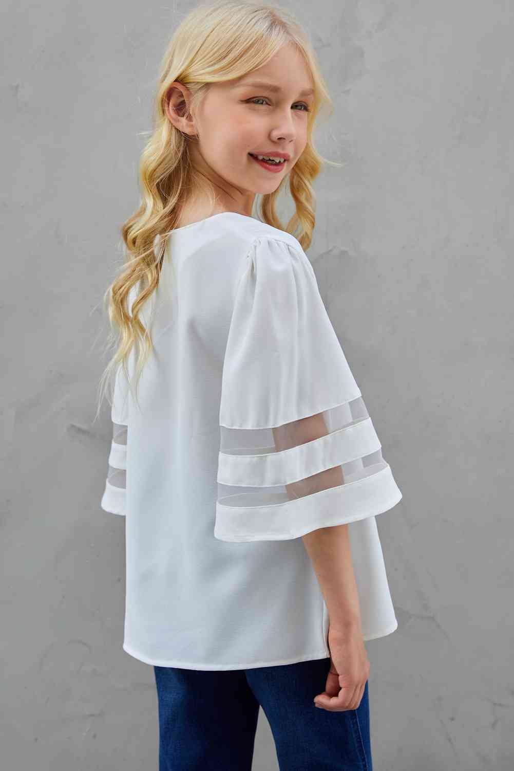 Girls Sheer Striped Flare Sleeve Tee Shirt Kid's Fashion