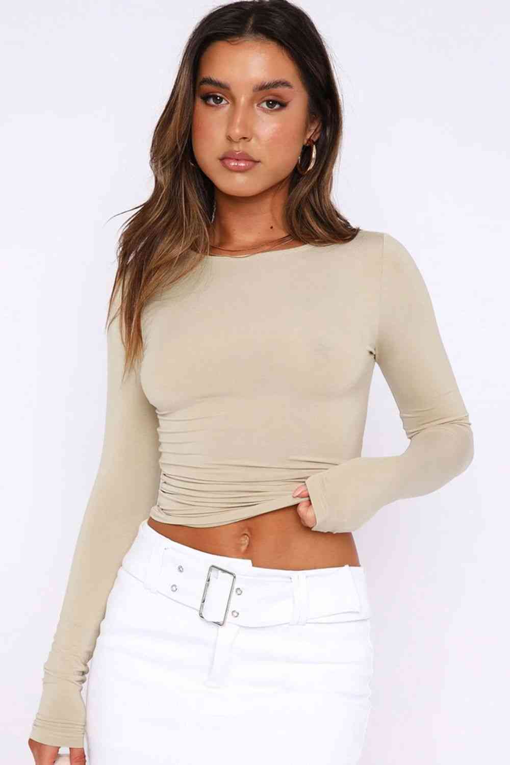 Round Neck Tight Bodycon Long-Sleeve Top