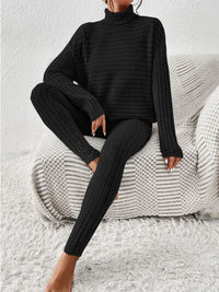 Womens Ribbed Turtleneck Top and Pants Set Loungewear Casual Fashion Sets