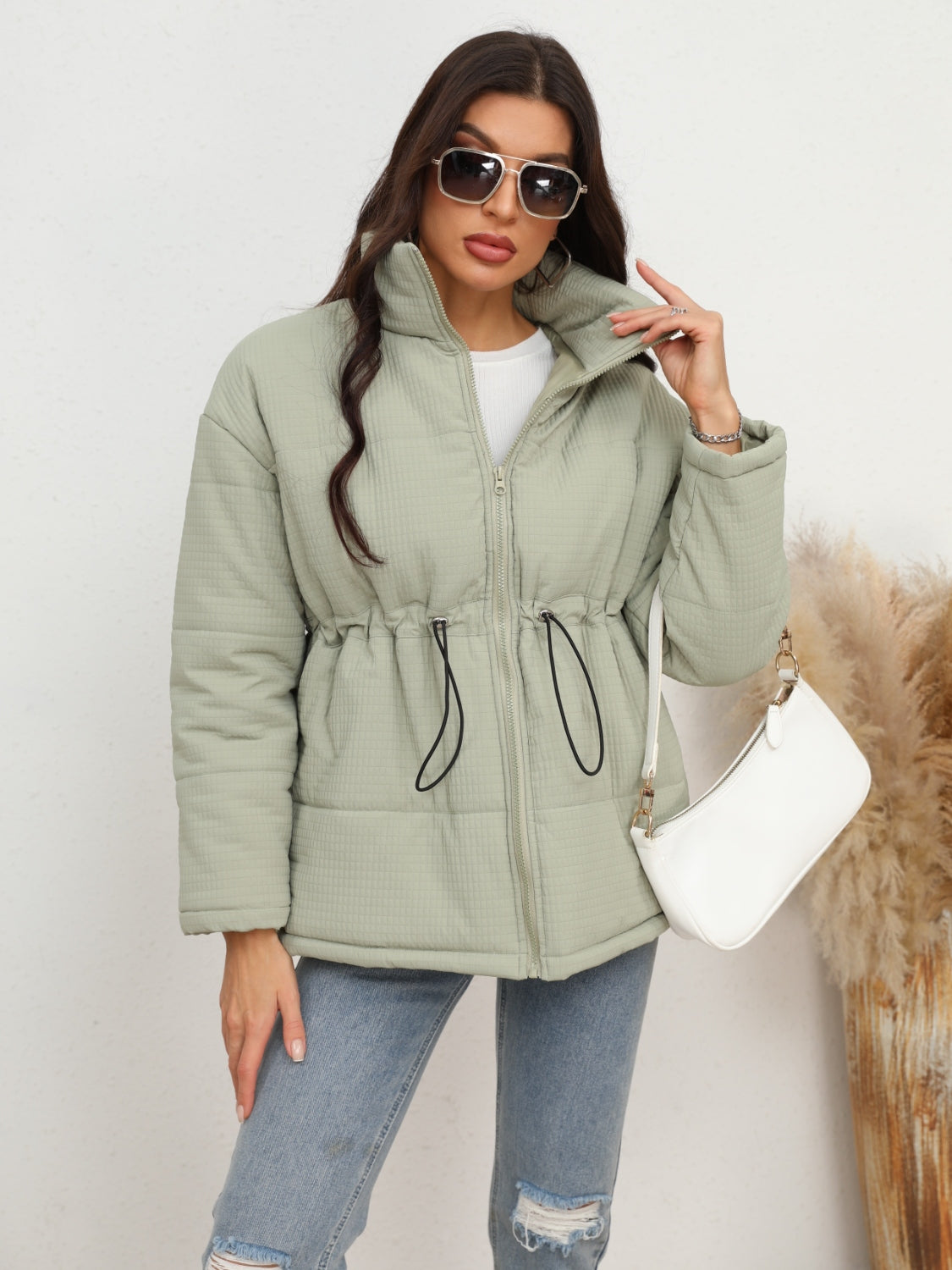 Drawstring Waist Zip-Up Fahsion Puffer Jacket