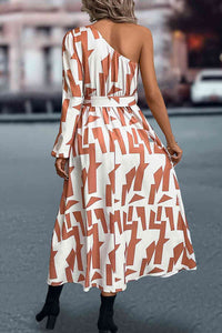 White and Black Printed One-Shoulder Tie Waist Long Dress