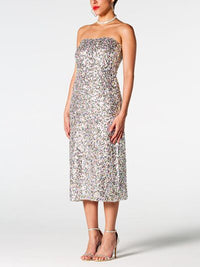 Silver Sequin Strapless Evening Dress Women's Sleeveless Midi Wrap Dress for special occasions