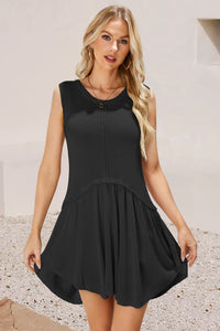 Casual Tank Dress Ladies Fashion Ruched Round Neck Sleeveless Knit Mini Dress