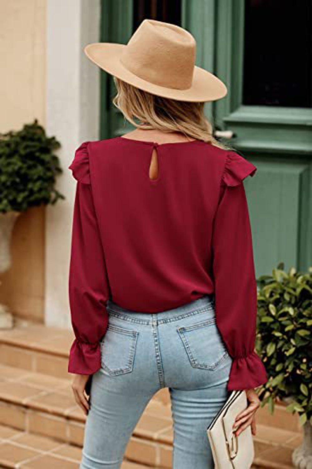 Womens Casual Blouse Shirt Ruffled Round Neck Long Sleeve Top