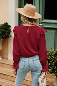 Womens Casual Blouse Shirt Ruffled Round Neck Long Sleeve Top