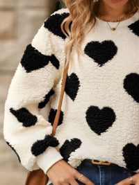 Fuzzy Heart Print Fashion Sweater Dropped Shoulder Sweatshirt