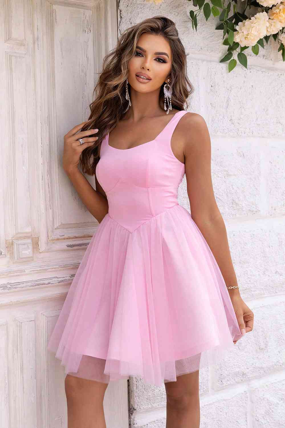 Pink Dress Party Evening Wide Strap Mesh Mini Puff Skirt Womens Fashion Dress