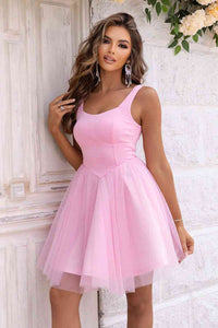 Pink Dress Party Evening Wide Strap Mesh Mini Puff Skirt Womens Fashion Dress