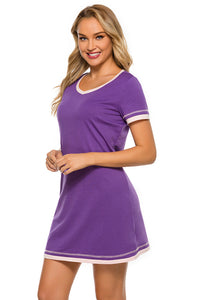 Pajama Dress Contrast Trim Short Sleeve Lounge Dress