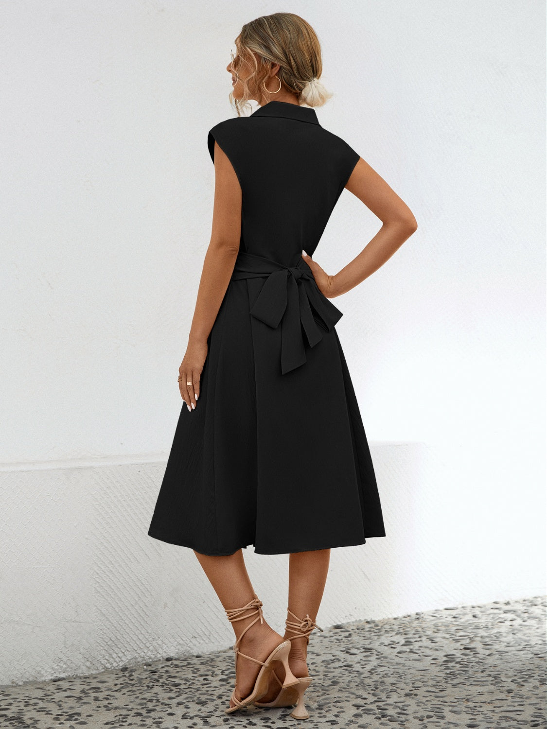 Casual Back Tie Short Sleeve Collar Dress New Women's Fashion Button Up Cap Sleeve Midi Dress