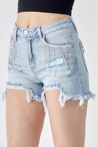 KESLEY Frayed Hem Denim Shorts with Fringe Detail Pockets