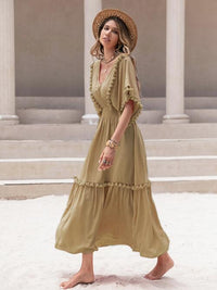 Tassel Trim Smocked V-Neck Short Sleeve Maxi Dress