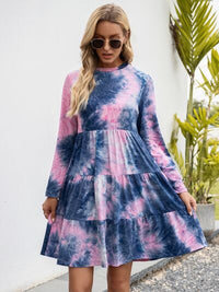 Womens Fashion Dress Tie-Dye Round Neck Long Sleeve Tiered Dress