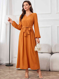 Women's Tie Waist Puff Sleeve Maxi Dress