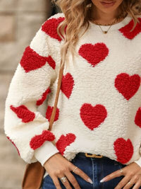 Fuzzy Heart Print Fashion Sweater Dropped Shoulder Sweatshirt