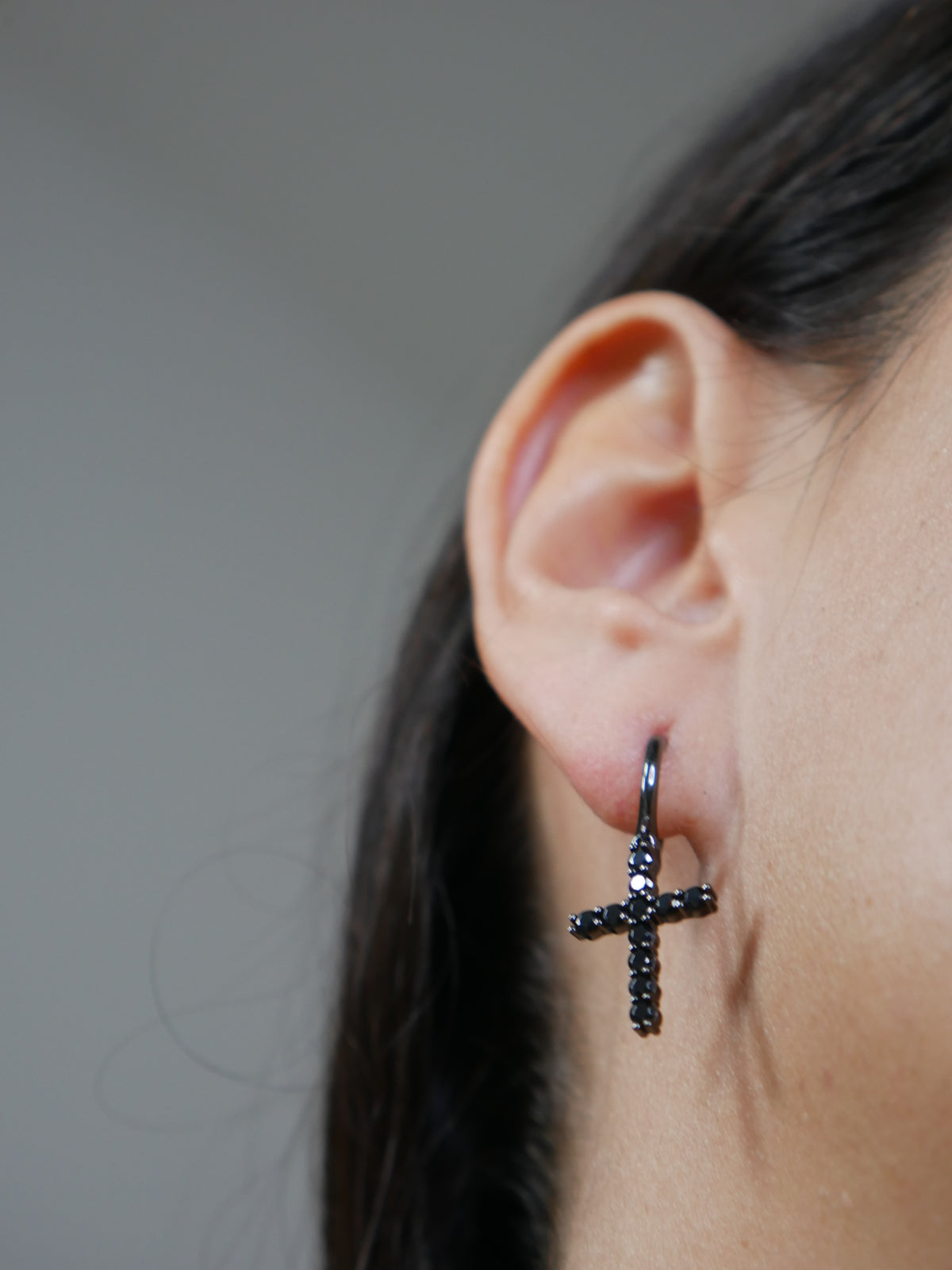 Cross Earrings 925 Sterling Silver Black Rhodium Plated Dangly Huggie Unisex Cross Earrings