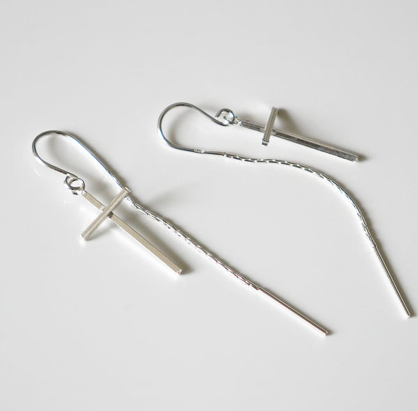 earrings, silver earrings, dangly cross earrings, 925 sterling silver earrings, cool earrings, cool jewelry, Cross earrings thread earrings dangling cross earrings for men and woman sterling silver .925 white gold plated light weight for sensitive ears, jewelry for men, cool earrings for men and woman, gift ideas trending on instagram shops and tiktok famous brands Kesley Boutique 