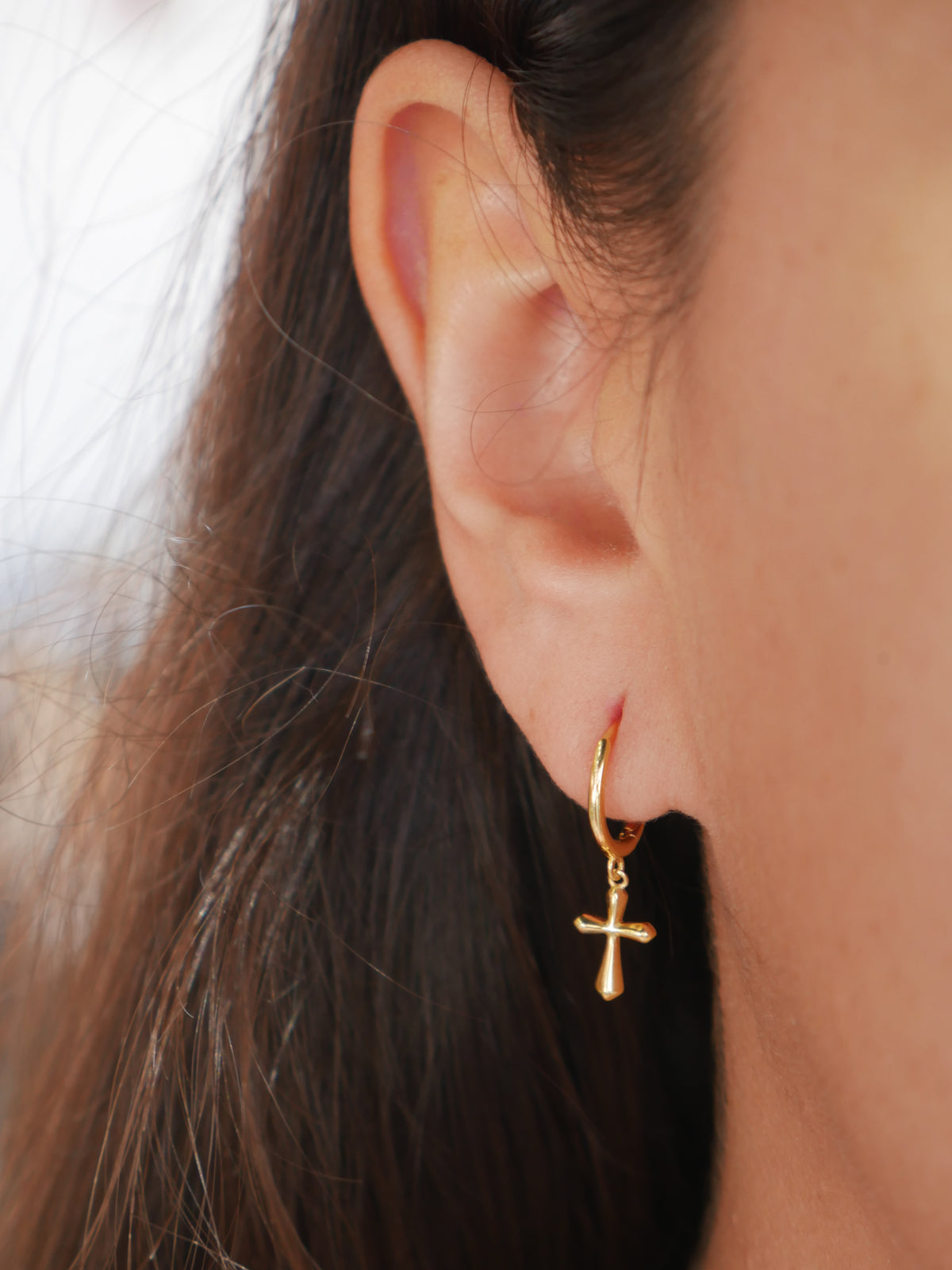 cross earrings, hoops, hoop earrings with dangling cross, gold plated, .925 sterling silver, waterproof plain cross earrings, unique, unisex, mens, women, kids earrings, popular on instagram and tiktok, valentines gift idea, christmas gift idea, anniversary, birthday, designer earrings Kesley Boutique