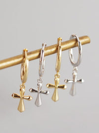 cross earrings, hoops, hoop earrings with dangling cross, gold plated, .925 sterling silver, waterproof plain cross earrings, unique, unisex, mens, women, kids earrings, popular on instagram and tiktok, valentines gift idea, christmas gift idea, anniversary, birthday, designer earrings Kesley Boutique