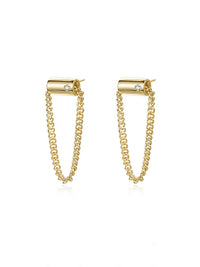 unisex earrings, gold plated sterling silver .925 hypoallergenic, dangling earrings, light weight, everyday dainty earrings with chain, bar and chain gold earrings, diamond cz cubic zirconia simulated diamonds, streetwear, influencer fashion, trending on instagram and tiktok, popular simple plain earrings Kesley Boutique